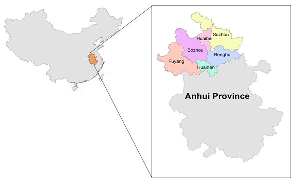 The location of the Huaibei plain with its six prefectures